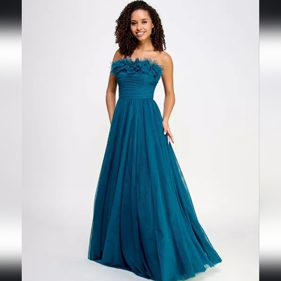NWT City Studio Junior Ruffle-Neck Ruched Trim Gown in Teal Size 11/12 - Picture 1 of 8